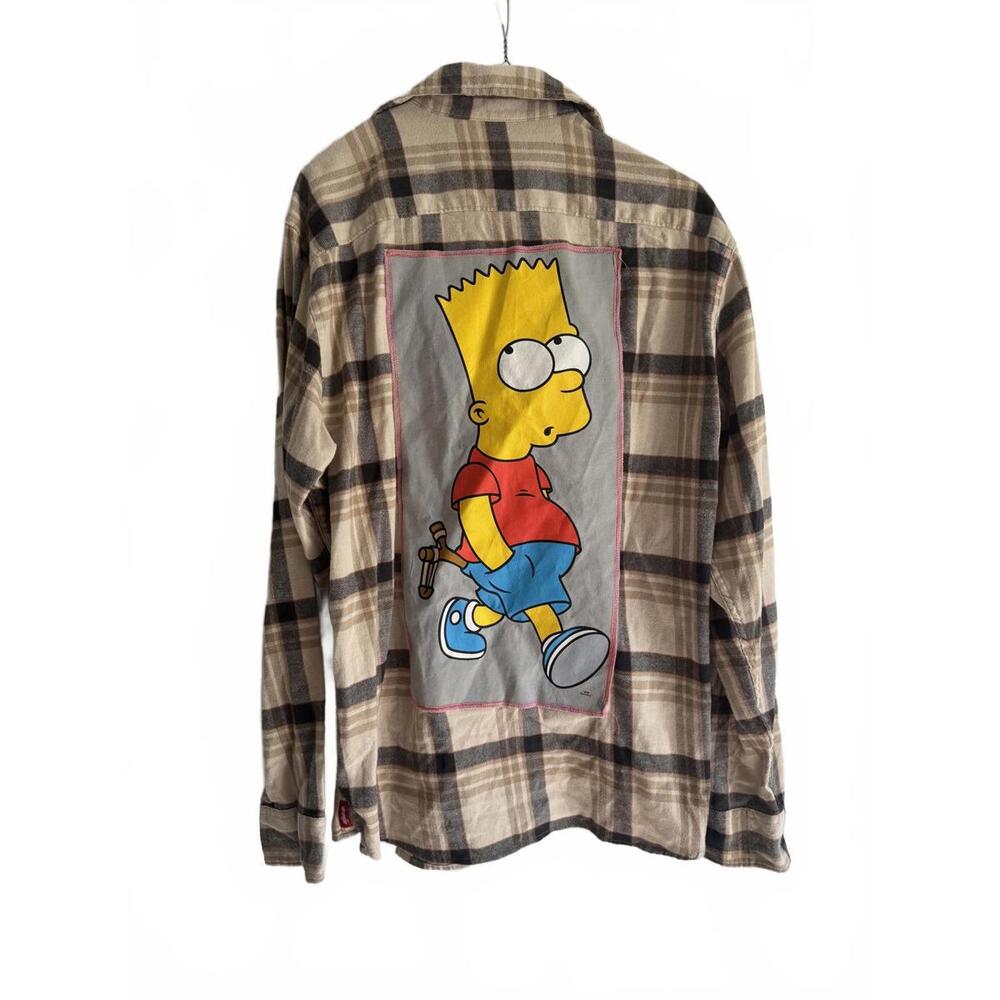 Bart Simpson Upcycled Flannel Shirt Tan Brown Plaid Mens Large Custom